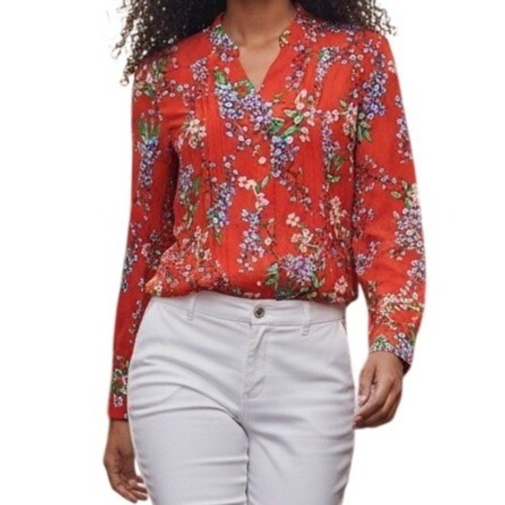 NANETTE LEPORE Spring Fling Lipstick Red Floral Pintuck Neck Blouse NWT XS